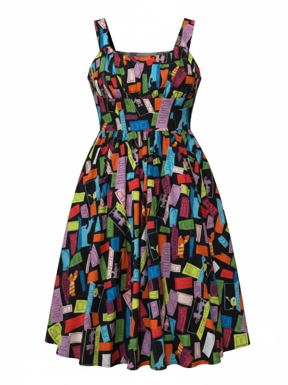 Disney Parks Monsters Inc Black Dress with Multicolor Door Print